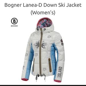 Bogner White & Light Blue Women's Down Ski Jacket with Pink Trim